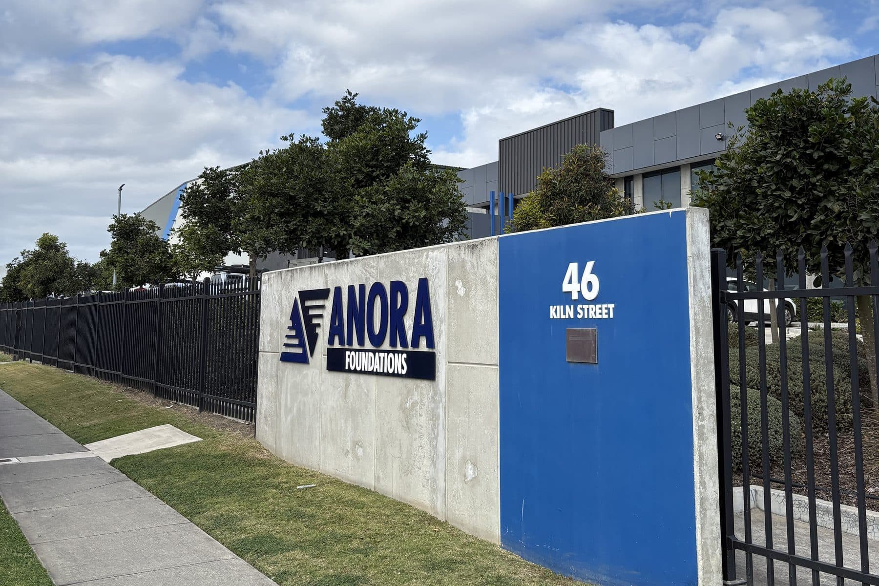 Signage at the entrance to Anora Foundations' Brisbane office on Kiln Street